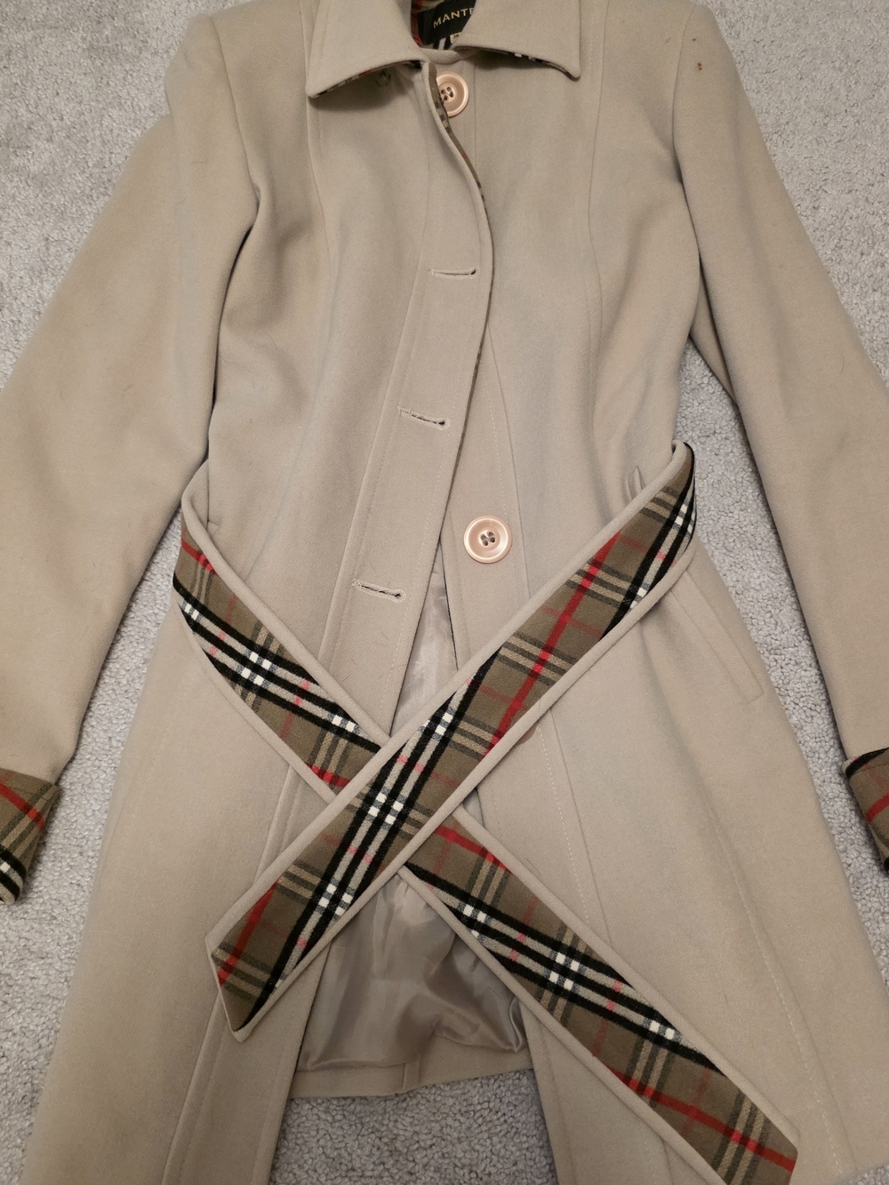 Manteau Women's Beige Wool-Blend Pea Coat with Plaid Belt